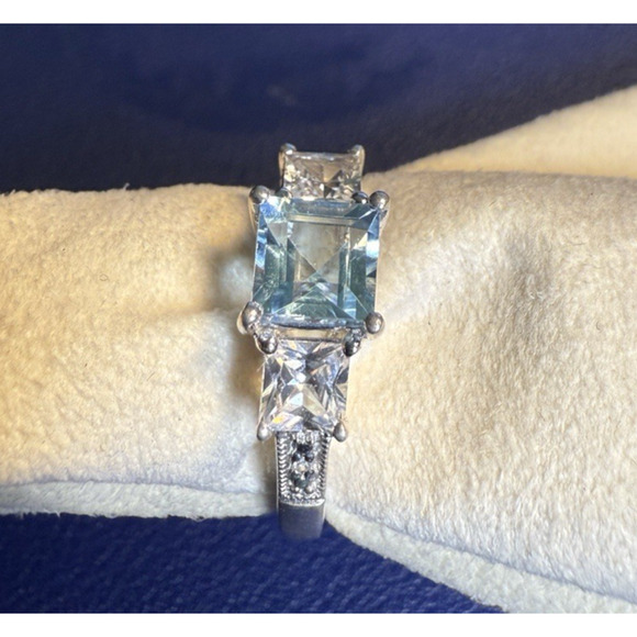 Sterling Silver Three Stone Ring Aqua & Clear Size 7 March Birthstone - Picture 1 of 16